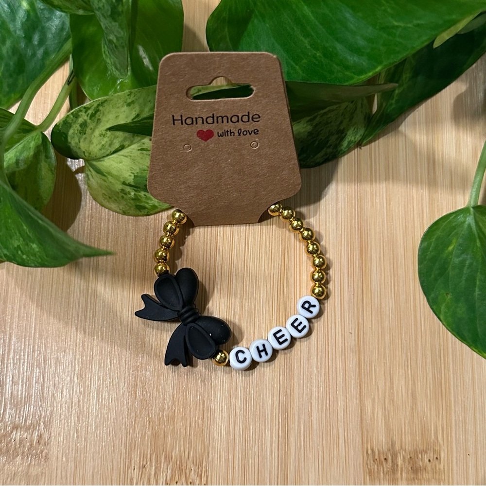 Gold Kids’ Stretchy Beaded Cheer Bracelet | Handmade | Silicone Bow 📣✨ - Picture 1 of 1